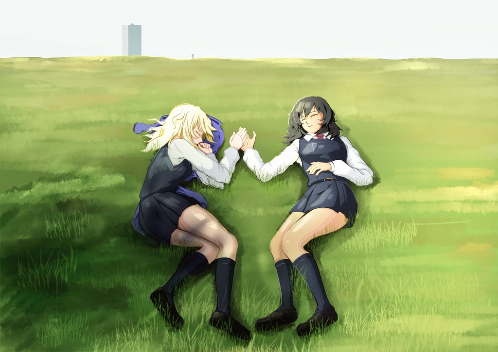 andou_(girls_und_panzer) bc_freedom_school_uniform blonde_hair building closed_eyes dark-skinned_female dark_skin field girls_und_panzer hand_on_own_stomach holding_hands long_sleeves lying medium_hair messy_hair necktie on_back on_grass on_side oshida_(girls_und_panzer) school_uniform skirt sky sleeping socks sweater unworn_sweater thighs vest yawl yuri