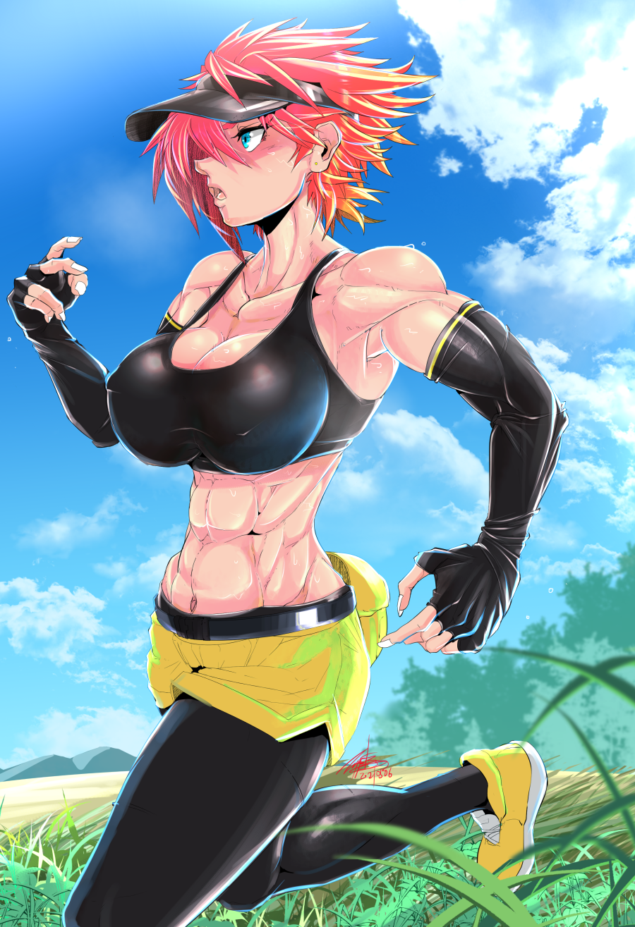 1girl abs armpits blue_eyes breasts cleavage covered_erect_nipples exercising highres muscular muscular_female original outdoors pants red_hair running solo sports_bra sweat tagme toned yoga_pants zippedsquire