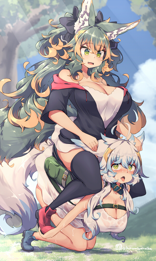 2girls animal_ear_fluff animal_ears black_ribbon blue_hair blue_sky breasts cleavage cloud day green_eyes green_hair hair_ribbon heart heart-shaped_pupils kneeling kuromiya kuromiya_raika_(kuromiya) large_breasts long_hair multicolored_hair multiple_girls open_mouth orange_hair original outdoors pony_play ribbon riding shiromiya_asuka_(kuromiya) sitting sitting_on_person sky sweat symbol-shaped_pupils two-tone_hair white_hair