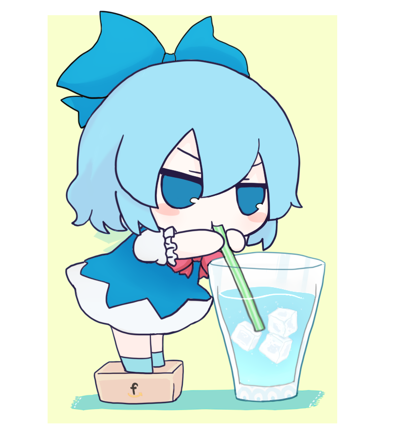 1girl blue_bow blue_dress blue_eyes blue_footwear blue_hair blush_stickers bow bowtie box cirno commentary_request cup dress drinking drinking_glass drinking_straw drinking_straw_in_mouth full_body fumo_(doll) hair_bow ice ice_cube on_box puffy_short_sleeves puffy_sleeves red_bow red_bowtie rei_(tonbo0430) shirt short_hair short_sleeves solo standing standing_on_box touhou v-shaped_eyebrows water white_shirt