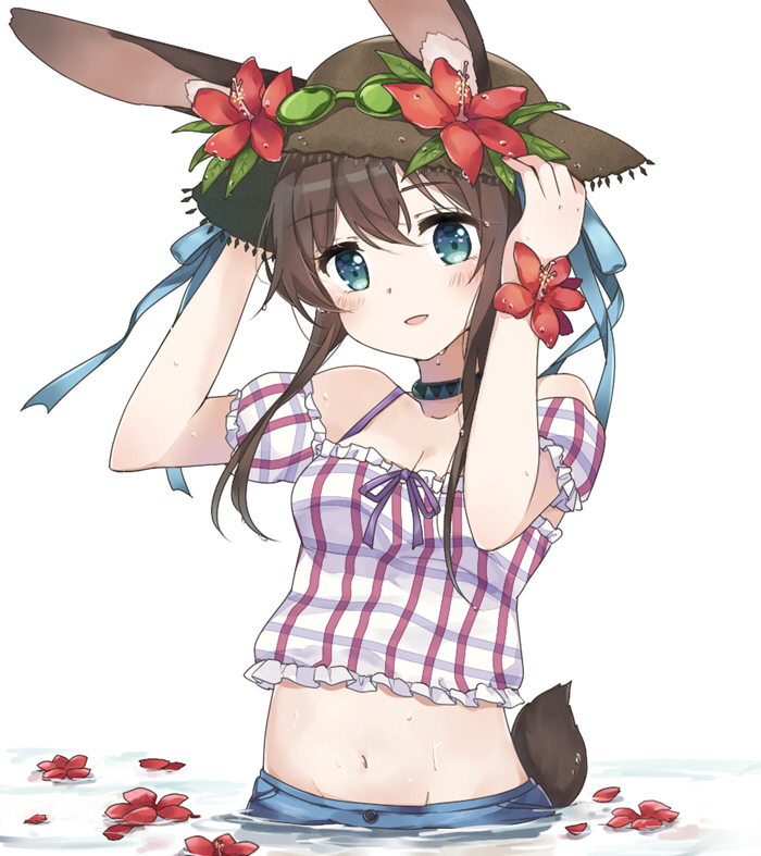 1girl amiya_(arknights) animal_ear_fluff animal_ears arknights blue_eyes blush breasts brown_hair camisole collar collarbone commentary crop_top denim denim_shorts detached_sleeves eggplant_(dadamiao) flower goggles goggles_on_headwear hair_between_eyes hat hat_flower long_sidelocks looking_at_viewer midriff navel official_alternate_costume open_mouth partially_submerged plaid_clothes plaid_shirt rabbit_ears rabbit_girl rabbit_tail red_flower shirt short_sleeves shorts sidelocks small_breasts smile solo straw_hat tail upper_body water white_shirt