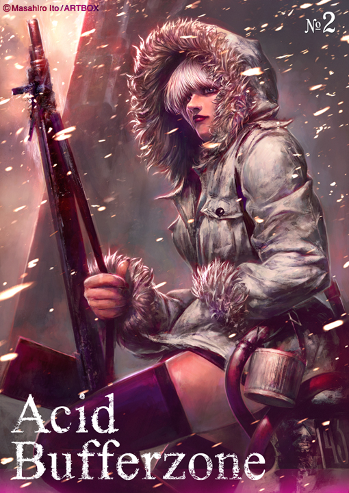 1girl acid_bufferzone angelina_(acid_bufferzone) coat fur_coat fur_trim gun ito_masahiro night official_art original rifle snow snowing storm weapon