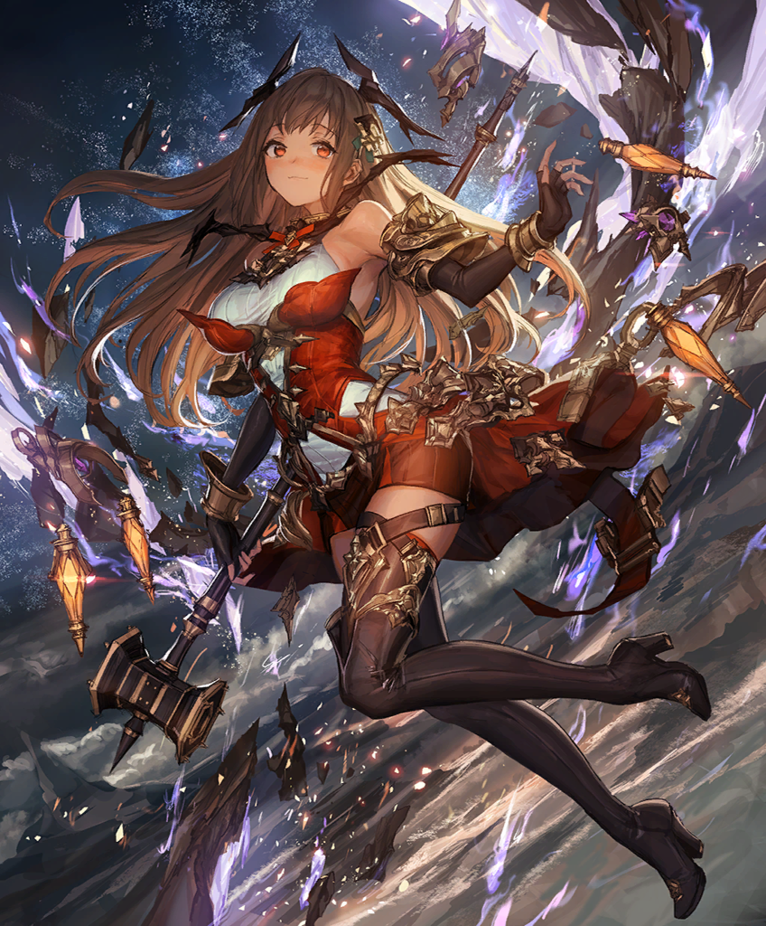 1girl armpits bare_shoulders black_footwear blush boots breasts bridal_gauntlets brown_hair charon_(shadowverse) dress full_body halter_dress halterneck hammer high-low_skirt high_heel_boots high_heels holding holding_hammer holding_weapon large_breasts lm7_(op-center) long_hair looking_at_viewer night night_sky official_art outdoors red_dress red_eyes shadowverse short_dress sky sleeveless smile solo straight_hair thigh_boots weapon