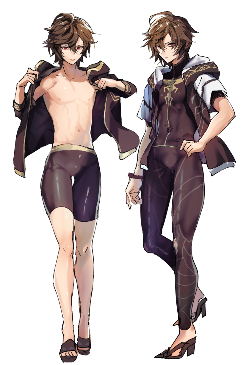 1boy abs arms_up bare_pectorals black_jacket black_pants black_shirt brown_hair bulge commentary_request compression_shirt full_body gold_trim granblue_fantasy hair_between_eyes hand_on_own_hip high_heels highres hood hood_down hooded_jacket jacket layered_clothes looking_at_viewer looking_to_the_side makita_(homosapiensu) male_focus multiple_views navel nipples open_clothes open_jacket pants pectorals red_eyes sandalphon_(granblue_fantasy) sandals shirt short_hair short_sleeves simple_background smile tight_clothes white_background