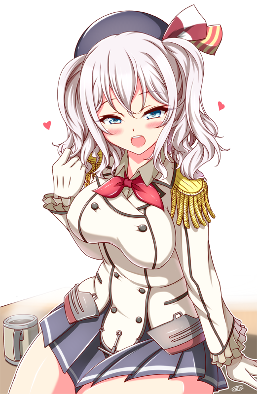 1girl :d blue_eyes blush breasts epaulettes frilled_sleeves frills gloves grey_hair heart impossible_clothes impossible_jacket jacket kantai_collection kashima_(kancolle) large_breasts long_sleeves looking_at_viewer military_jacket military_uniform neckerchief open_mouth pleated_skirt red_neckerchief sayossa_(pak-front) simple_background sitting skirt smile solo twintails wavy_hair white_background white_gloves