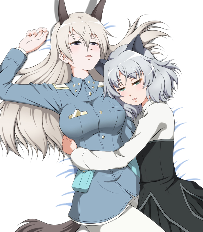 2girls animal_ears blue_eyes blush breasts cat_ears cat_girl eila_ilmatar_juutilainen fox_ears fox_girl fox_tail green_eyes hiro_yoshinaka hug large_breasts long_hair military_uniform multiple_girls open_mouth sanya_v._litvyak short_hair strike_witches tail uniform white_hair world_witches_series yuri