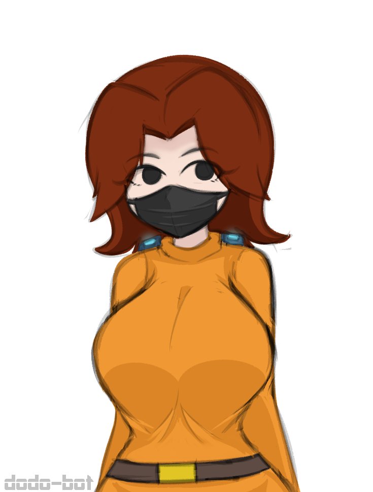 1girl artist_name belt belt_buckle black_eyes black_mask breasts brown_belt brown_hair buckle dodo-bot dress eyelashes large_breasts long_sleeves looking_at_viewer mask medium_hair mii_(nintendo) mii_gunner navel nintendo orange_dress orange_sweater simple_background solid_eyes solo super_smash_bros. sweater sweater_dress upper_body white_background