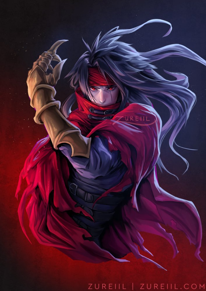 1boy black_hair cape clawed_gauntlets cloak commentary covered_mouth cropped_torso final_fantasy final_fantasy_vii final_fantasy_vii_rebirth final_fantasy_vii_remake floating_hair gauntlets gradient_background headband long_hair long_sleeves looking_at_viewer male_focus red_cape red_cloak red_eyes red_headband single_gauntlet solo spiked_hair upper_body vincent_valentine zureiil