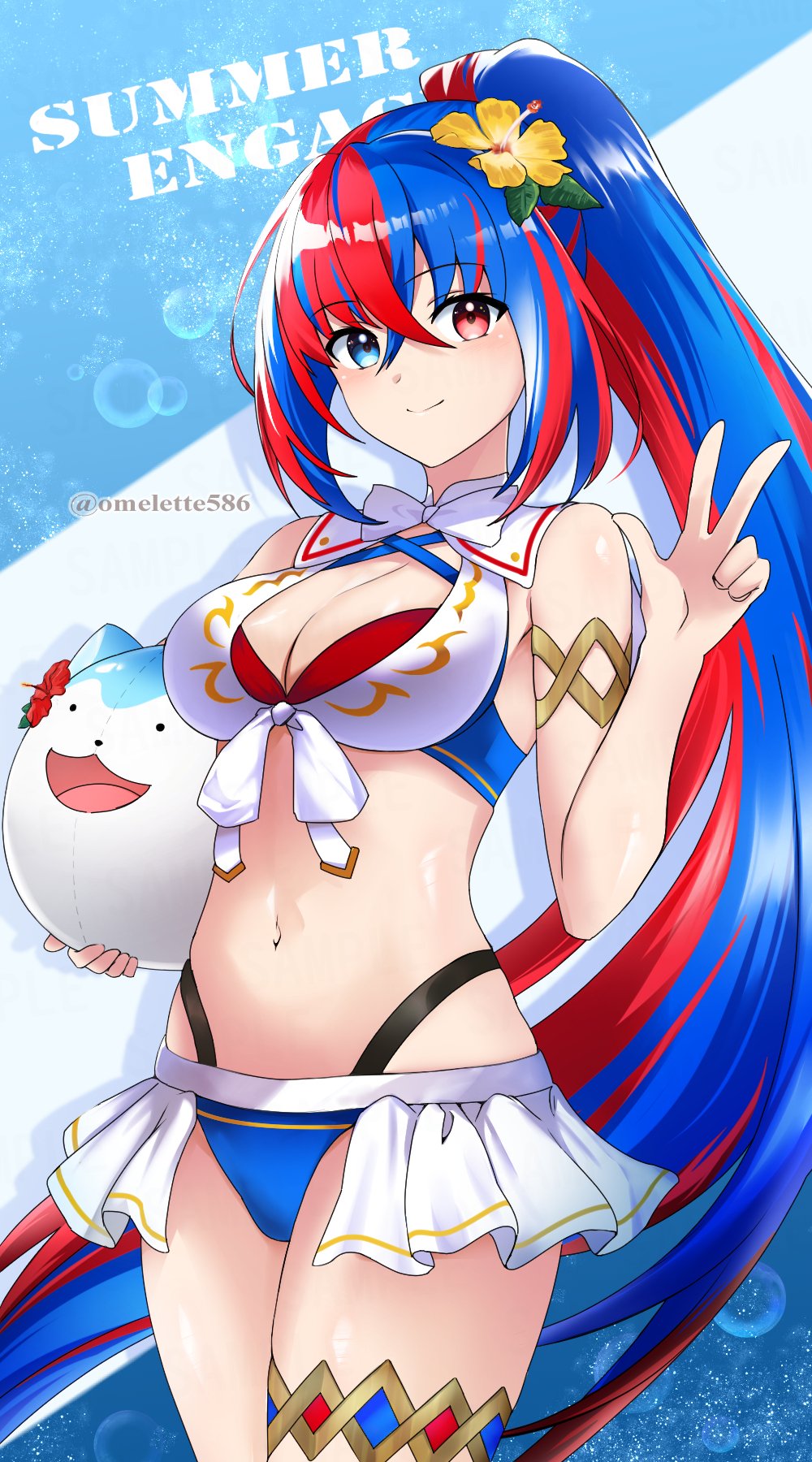 1girl alear_(female)_(fire_emblem) alear_(female)_(seaside_dragon)_(fire_emblem) alear_(fire_emblem) bikini blue_bikini blue_eyes blue_hair breasts cleavage crossed_bangs fire_emblem fire_emblem_engage fire_emblem_heroes halterneck heterochromia highres komurice long_hair medium_breasts multicolored_clothes multicolored_hair navel nintendo official_alternate_costume official_alternate_hairstyle ponytail red_bikini red_eyes red_hair split-color_hair swimsuit tiara two-tone_hair v very_long_hair white_bikini