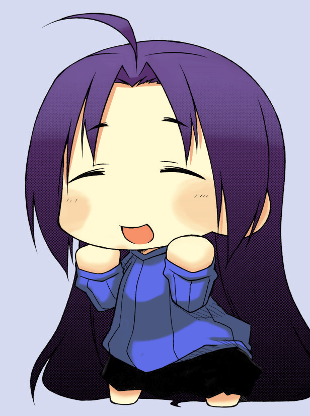 1girl :d ahoge ara blush_stickers chibi closed_eyes drawfag female_focus happy idolmaster idolmaster_(classic) long_hair miura-san miura_azusa open_mouth puchimasu! purple_hair ribbed_sweater smile solo sweater very_long_hair