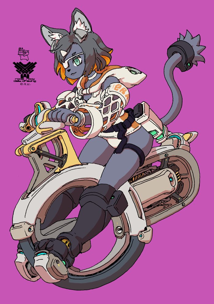 1girl :3 animal_ear_fluff animal_ears animal_nose aqua_eyes artist_name bare_shoulders black_boots black_fur black_hair body_fur boots bracelet cat_ears cat_girl cat_tail choker closed_mouth colored_eyepatch colored_inner_hair cyberpunk dated detached_hood detached_sleeves eyepatch female_focus full_body furry furry_female hair_ornament hairclip happy headgear hood hood_down jewelry knee_boots leotard long_sleeves multicolored_hair one_eye_covered orange_hair original pink_background riding roxel_roxy science_fiction short_hair sidelocks simple_background smile solo tail tail_ornament tail_ring thigh_strap thighs two-tone_hair unicycle watermark white_choker white_leotard white_sleeves