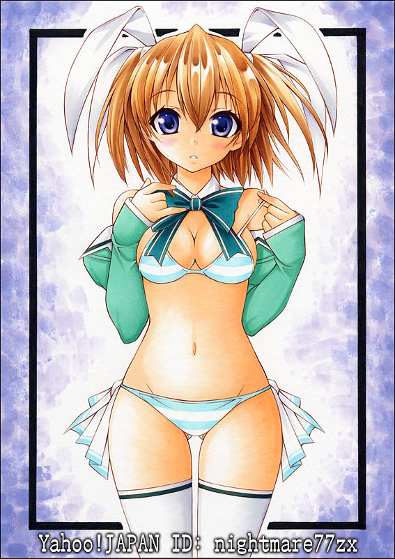 1girl :o aizawa_tomomi bikini blue_eyes blush breasts brown_hair cleavage detached_collar detached_sleeves female_focus looking_at_viewer navel nightmare77zx pia_carrot_(series) short_hair solo strap_lift striped_bikini striped_clothes swimsuit thighhighs traditional_media twintails