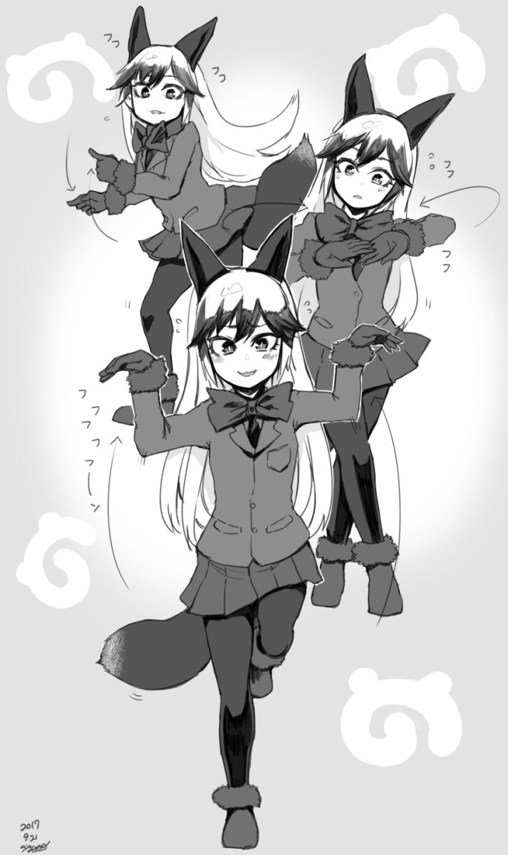 10s 1girl animal_ears arrow_(symbol) blush bow bowtie dancing embarrassed flying_sweatdrops fox_ears fox_tail fur_trim greyscale hair_between_eyes highres jacket japari_symbol kemono_friends long_hair monochrome multicolored_hair nissin pantyhose sequential sigama silver_fox_(kemono_friends) skirt smile standing standing_on_one_leg tail wavy_mouth