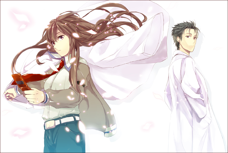 1boy 1girl arm_garter black_hair brown_hair cellphone lab_coat makise_kurisu necktie okabe_rintarou petals phone red_necktie simple_background steins;gate sunege