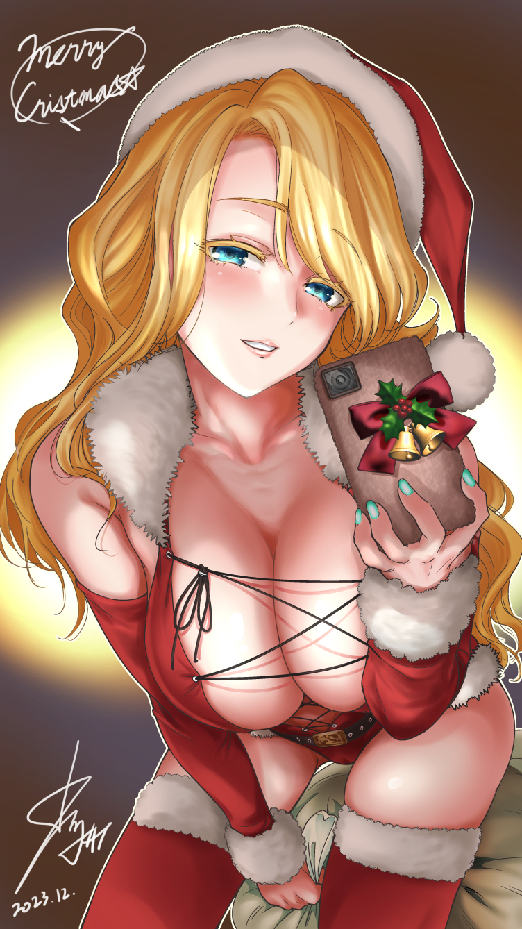 1girl bare_shoulders belt blonde_hair blue_eyes blush breasts cellphone christmas cleavage detached_sleeves fur_trim grin hat highres holding holding_phone long_hair looking_at_viewer okumori_boy original phone red_thighhighs sack santa_hat smartphone smile solo thighhighs variant_set