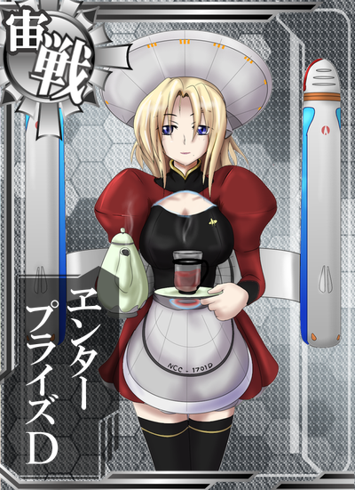 10s 1girl blonde_hair blue_eyes breasts card_(medium) card_parody character_name cleavage_cutout clothing_cutout female_focus hat holding holding_plate kantai_collection large_breasts mecha_musume personification plate puffy_sleeves skirt solo star_trek steam tea teapot thighhighs translation_request uss_enterprise_(star_trek) uss_enterprise_ncc-1701-d yukky_snow zettai_ryouiki