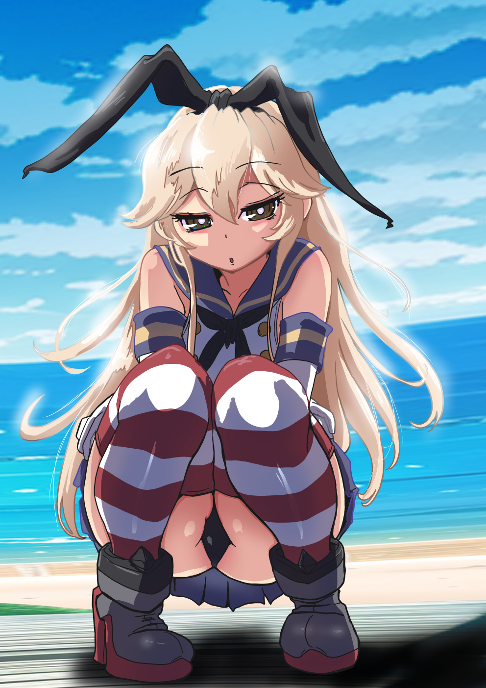 1girl beach black_neckerchief black_panties blonde_hair blue_sailor_collar blue_skirt blue_sky brown_eyes cloud crop_top day elbow_gloves gloves hair_between_eyes highleg highres kantai_collection long_hair looking_at_viewer miniskirt neckerchief ocean outdoors panties pleated_skirt sailor_collar shimakaze_(kancolle) skirt sky solo squatting striped_clothes striped_thighhighs thighhighs tsun&#039;ichi_(tsun1) underwear very_long_hair white_gloves