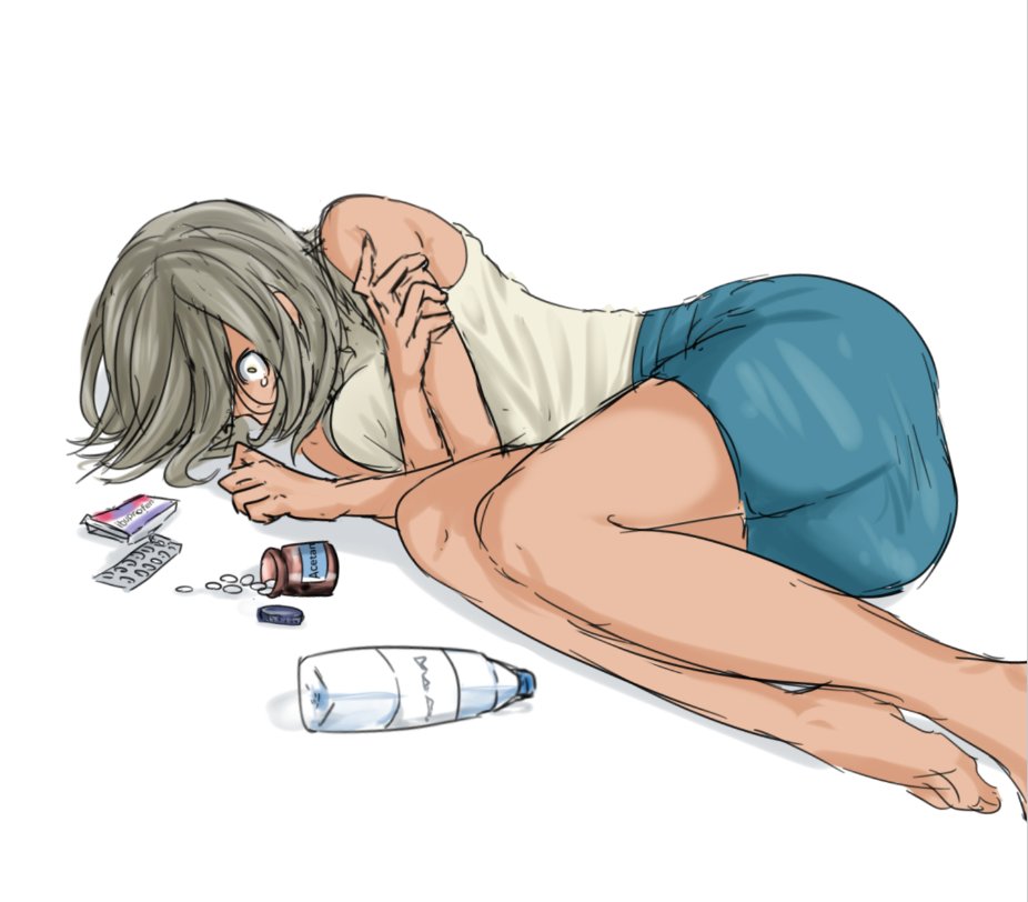 1girl bare_arms barefoot blue_skirt bottle chinese_commentary commentary_request dark-skinned_female dark_skin fetal_position full_body girls_band_cry green_hair holding_own_arm lying on_side pill pill_bottle raya_(yuri15923) rupa_(girls_band_cry) shirt simple_background skirt sleeveless sleeveless_shirt solo tears water_bottle white_background white_shirt