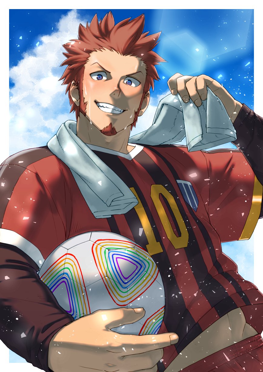 1boy anniversary artist_request ball blue_eyes brown_hair cowboy_shot facial_hair fate/grand_order fate_(series) goatee grin highres holding holding_ball light_particles long_sideburns looking_at_viewer male_focus mature_male midriff_peek napoleon_bonaparte_(fate) second-party_source sideburns smile solo sportswear standing sweat towel