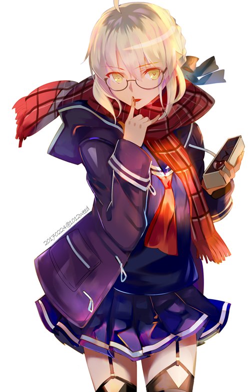 1girl artoria_pendragon_(all) artoria_pendragon_(fate) astarone blonde_hair braid chocolate coat fate/grand_order fate_(series) female_focus garter_straps glasses mysterious_heroine_x_alter_(fate) mysterious_heroine_x_alter_(first_ascension)_(fate) saber_(fate) scarf school_uniform skirt solo thighhighs winter_clothes winter_coat yellow_eyes