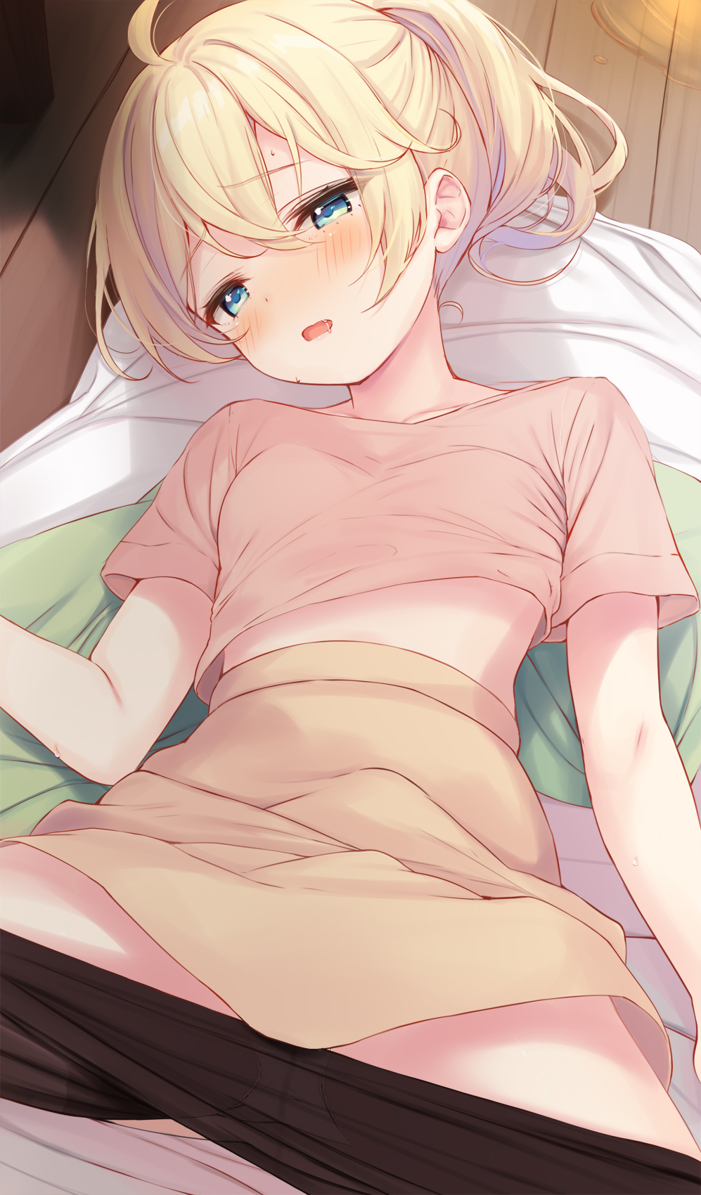 1girl blonde_hair blue_eyes blush breasts clothes_pull esia_mariveninne_(komone_ushio) high_ponytail highres komone_ushio looking_at_viewer lying open_mouth original pantyhose pantyhose_pull pink_shirt shirt skirt small_breasts solo spread_legs wooden_floor yellow_skirt