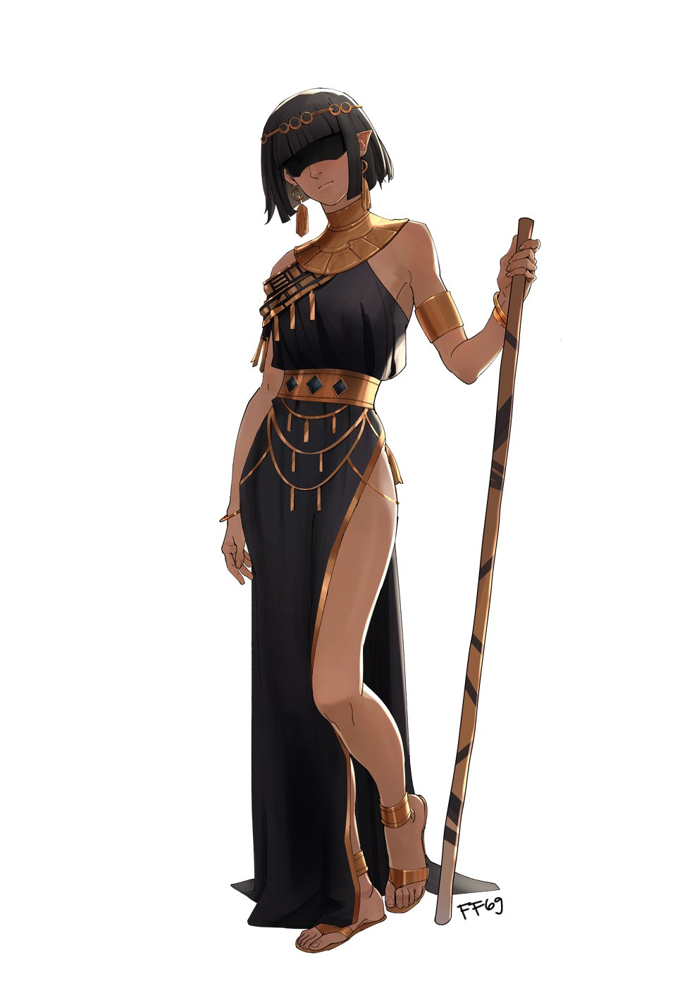 ancient_egyptian_clothes ankh anklet armlet blindfold bracelet dark-skinned_female dark_skin dress earrings elf ff69_(ff69x) highres jewelry original pointy_ears short_hair staff tassel usekh_collar white_background