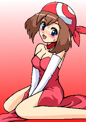 blue_eyes blush breasts brown_hair creatures_(company) dress elbow_gloves game_freak gloves johnnie laughing legs lowres may_(pokemon) nintendo oekaki pokemon red_dress sitting straddling sweat