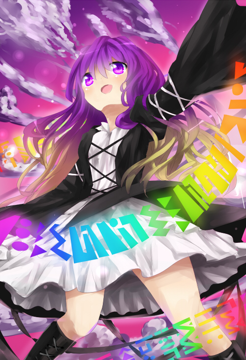 1girl blonde_hair boots female_focus gradient_hair hijiri_byakuren long_hair multicolored_hair purple_eyes purple_hair solo sorcerer&#039;s_sutra_scroll touhou tsukikusa wavy_hair