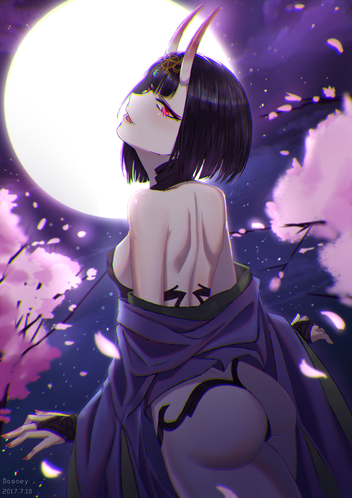 1girl back bare_shoulders bob_cut breasts bridal_gauntlets cherry_blossoms dasoey eyeliner fate/grand_order fate_(series) full_moon head_tilt headpiece horns japanese_clothes kimono long_sleeves looking_at_viewer makeup moon night night_sky off_shoulder oni open_mouth petals pink_eyes purple_hair purple_kimono revealing_clothes short_hair shoulder_blades shuten_douji_(fate) skin-covered_horns sky small_breasts smile solo wide_sleeves