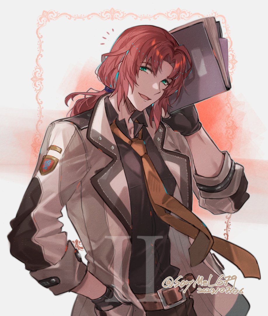 1boy black_shirt coat eiyuu_densetsu fingerless_gloves gloves green_eyes half_updo jacket long_hair looking_at_viewer necktie orange_necktie ponytail randolph_orlando red_hair saymel679 sen_no_kiseki sen_no_kiseki_(series) sen_no_kiseki_i sen_no_kiseki_iii shirt smile solo vest white_vest