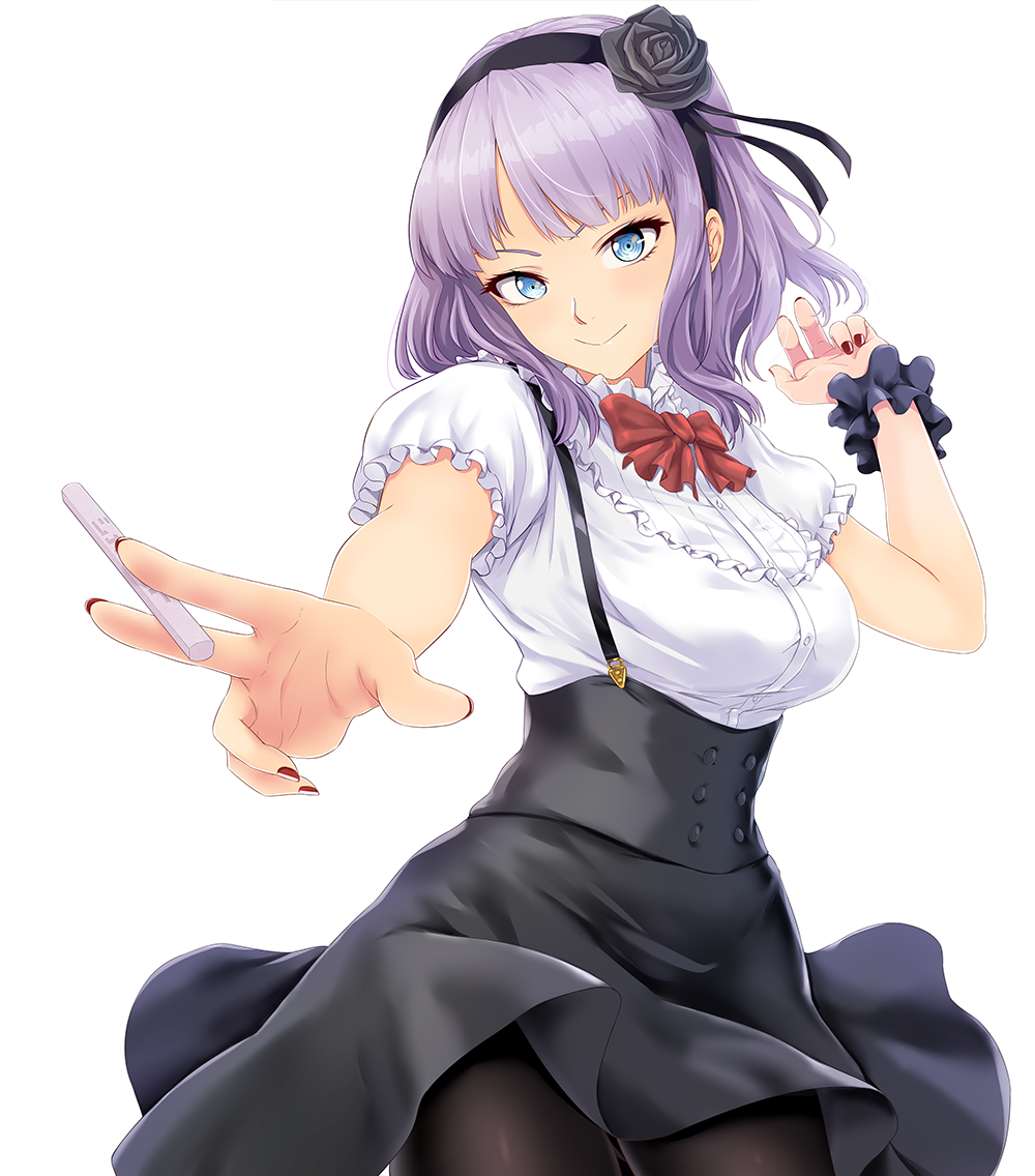 10s 1girl black_flower black_pantyhose black_rose black_skirt blouse blue_eyes bow bowtie breasts candy_stick cowboy_shot dagashi_kashi female_focus flower hair_flower hair_ornament hairband infinote medium_breasts nail_polish pantyhose purple_hair red_bow red_bowtie red_nails rose shidare_hotaru shirt short_hair short_sleeves simple_background skirt smile solo suspender_skirt suspenders underbust white_background white_shirt wristband