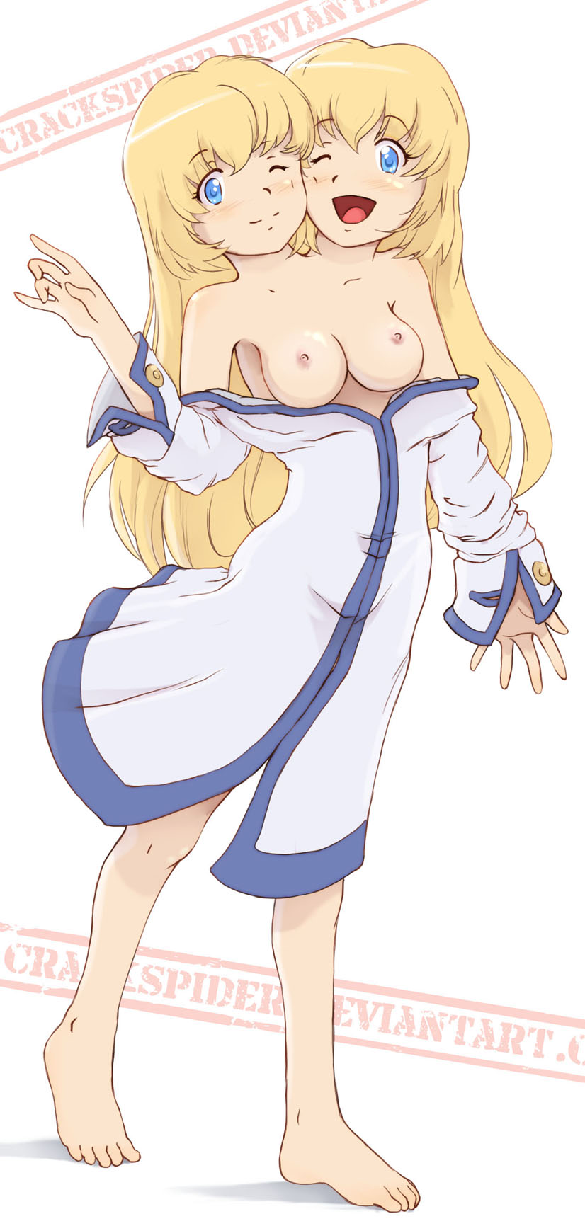 1girl 2girls bare_shoulders barefoot blonde_hair blue_eyes breasts breasts_out colette_brunel conjoined crackspider full_body highres long_hair medium_breasts multiple_girls nipples one_eye_closed simple_background solo tales_of_(series) tales_of_symphonia toes two_heads what white_background