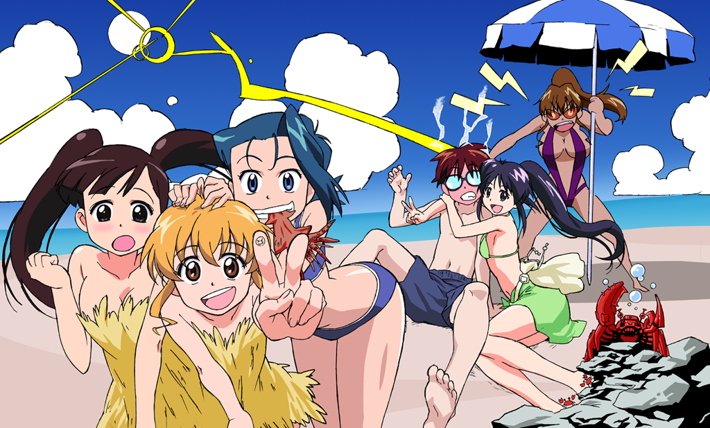 &gt;:) 1boy 5girls angry anime_coloring bare_arms bare_legs bare_pectorals bare_shoulders barefoot beach beach_umbrella belt bikini bikini_skirt black-framed_eyewear blonde_hair blue_bikini blue_eyes blue_hair blue_sky blue_swim_trunks blush breasts brown_eyes brown_hair bubble center_opening cleavage clenched_hand clenched_teeth cloud collarbone crab dark_blue_hair drawstring_bag dress fingernails full-face_blush glasses green_bikini half_updo hand_on_another&#039;s_head happy high_ponytail hug_from_side imaishi_hiroyuki knees_together_feet_apart large_pectorals leaning_forward legs_apart legs_together lens_flare light_brown_hair lightning_bolt_symbol long_hair mahoromatic male_swimwear medium_breasts mouth_hold multiple_girls navel non-web_source ocean official_art one-piece_swimsuit open_hand orange-tinted_eyewear pectorals ponytail purple_one-piece_swimsuit rock sand short_hair shouting sitting sky small_breasts squid standing steaming_body strapless strapless_dress sun sunglasses swim_trunks swimsuit tan teeth tinted_eyewear toes tongue twintails two-tone_umbrella umbrella upper_teeth_only v v-shaped_eyebrows yellow_bag yellow_belt yellow_dress