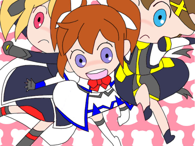 3girls 3gs beatmania_(series) bemani blonde_hair blue_eyes brown_hair chibi dress fate_testarossa hair_bun long_hair looking_at_viewer lyrical_nanoha magical_girl multiple_girls negative_(artist) open_mouth parody purple_eyes red_eyes ribbon smile smooooch takamachi_nanoha twintails yagami_hayate