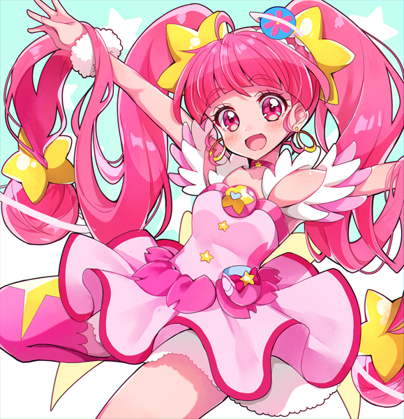 1girl :d blush choker cure_star eru hair_ornament hoshina_hikaru long_hair looking_at_viewer magical_girl open_mouth outstretched_arms pink_choker pink_eyes pink_hair pink_skirt precure skirt smile solo star_(symbol) star_hair_ornament star_twinkle_precure twintails