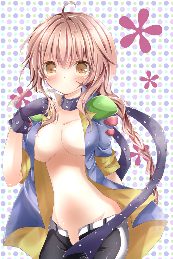 1girl bad_id bad_pixiv_id blush braid breasts brown_eyes collarbone female_focus fingerless_gloves gloves kuugo_lei large_breasts lei_kuugo light_brown_hair live_a_live long_hair looking_at_viewer nanase_nao navel no_bra open_clothes open_pants open_shirt pants polka_dot polka_dot_background scar shawl shirt sleeves_rolled_up solo