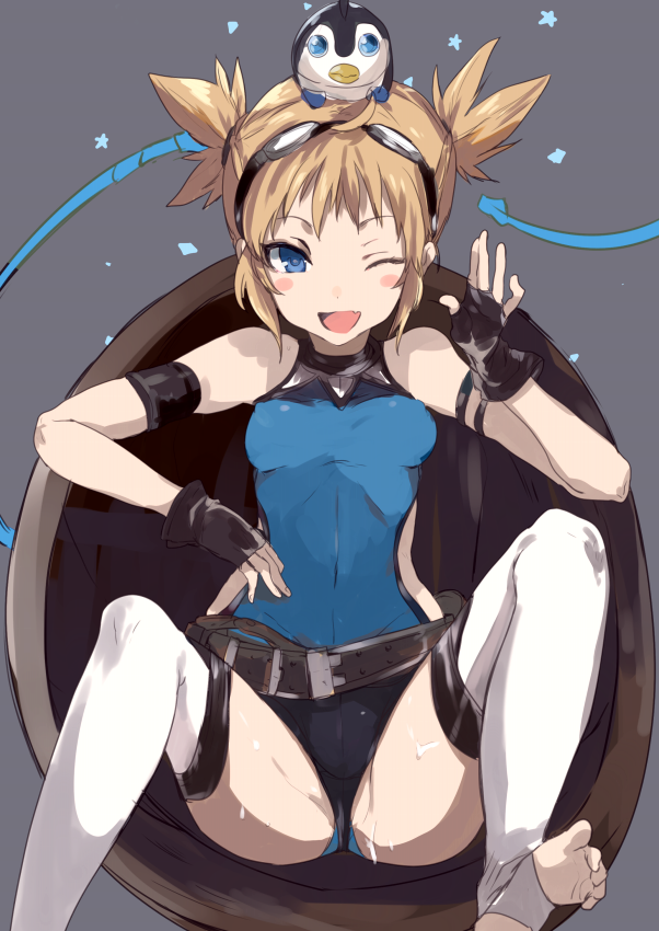 10s 1girl ;d agu bad_id bad_twitter_id barefoot black_gloves blonde_hair blue_eyes blush_stickers cum cum_on_body cum_on_lower_body feet female_focus fingerless_gloves gloves granblue_fantasy looking_at_viewer one_eye_closed open_mouth pengie short_twintails smile solo spread_legs thighhighs toeless_legwear toes twintails white_thighhighs