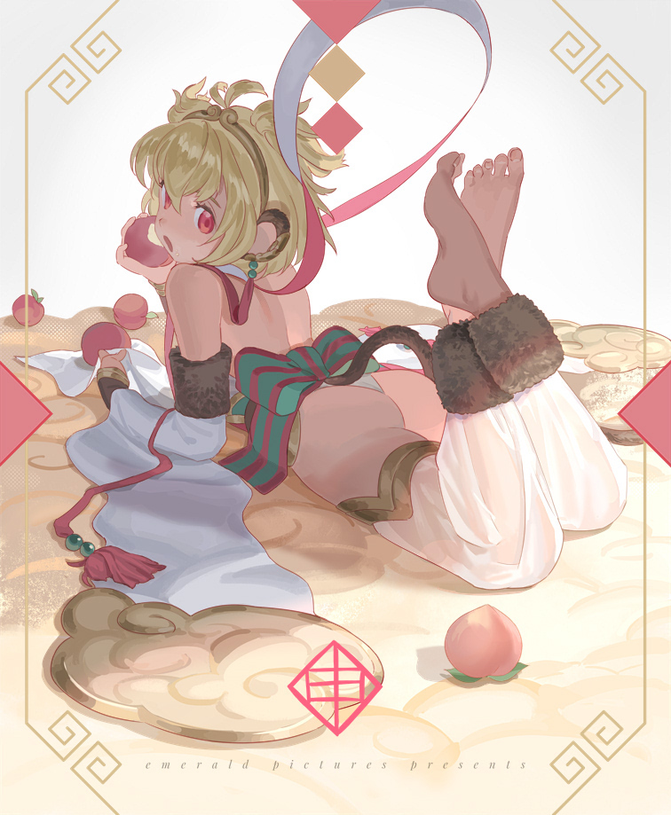 1girl andira_(granblue_fantasy) animal_ears artist_name ass barefoot blonde_hair blurry detached_sleeves emmmerald erune feet food food_on_face from_behind fruit granblue_fantasy holding holding_food looking_back lying monkey_ears monkey_tail on_stomach open_mouth peach revision solo tail the_pose toes yellow_eyes