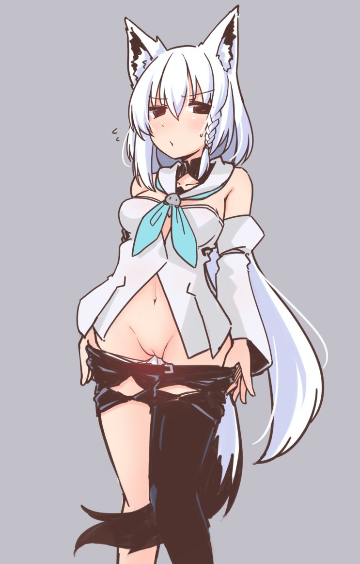 1girl animal_ears asymmetrical_legwear cleft_of_venus clothes_pull fox_ears fox_girl fox_tail hololive pussy shirakami_fubuki shorts shorts_pull solo tail virtual_youtuber white_hair yokaranuyakara