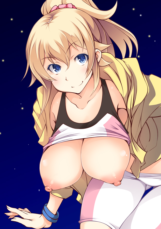 10s 1girl bent_over bike_shorts blonde_hair blue_eyes bracelet breasts clothes_lift female_focus gengoroh gundam gundam_build_fighters gundam_build_fighters_try hanging_breasts hoshino_fumina jacket jewelry large_breasts long_hair looking_at_viewer nipples ponytail scrunchie shirt_lift smile solo sports_bra sports_bra_lift thigh_gap