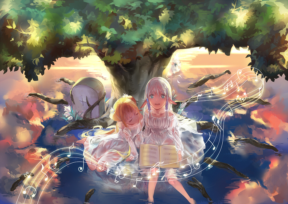 2girls animal_ears bad_id bad_pixiv_id blonde_hair blue_eyes blue_hair blush book dress hair_tubes leaf long_hair looking_at_viewer multiple_girls musical_note open_mouth original rifsom sitting smile tree