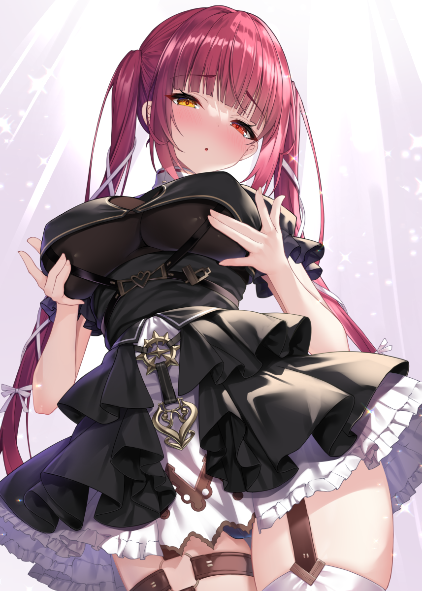 1girl belt black_dress blush breasts brown_belt brown_garter_straps dress grabbing_own_breast heterochromia highres hololive houshou_marine houshou_marine_(ahoy!!_you&#039;re_all_pirates) large_breasts long_hair looking_at_viewer o-ring o-ring_belt panties purple_panties red_eyes red_hair shimo_(shimo332215) short_sleeves solo thigh_belt thigh_strap thighhighs thighs twintails underbust underwear virtual_youtuber white_thighhighs yellow_eyes