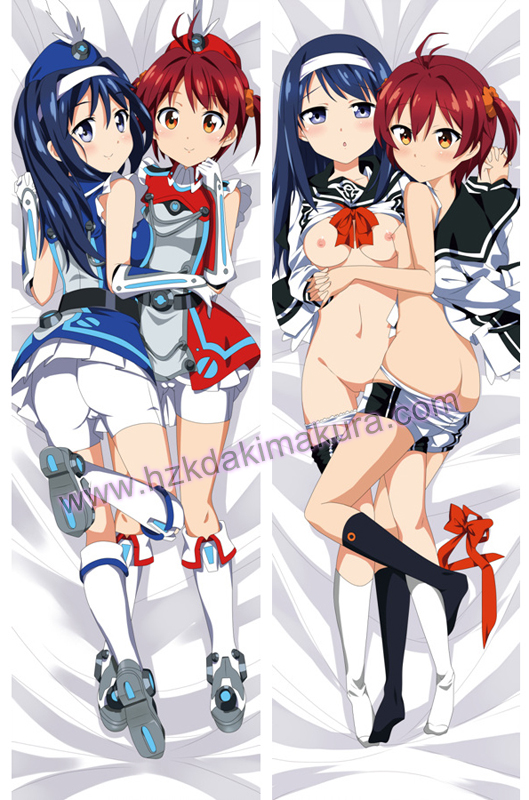 2girls antenna_hair ass blue_eyes blue_hair breasts butt_crack cameltoe clothes_lift dakimakura_(medium) futaba_aoi_(vividred_operation) hairband isshiki_akane long_hair looking_at_viewer looking_back medium_breasts multiple_girls nipples nude panties panty_pull pussy red_hair sample_watermark shirt_lift short_hair small_breasts socks uncensored underwear vividred_operation watermark