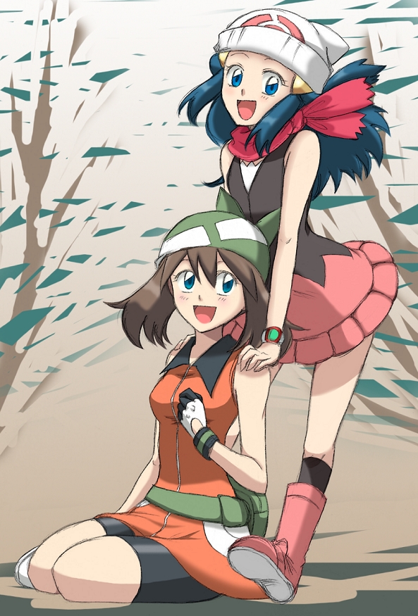 2girls :d bandana bare_shoulders bike_shorts black_gloves black_shirt black_shorts black_socks blue_eyes blue_hair boots brown_hair creatures_(company) dawn_(pokemon) fanny_pack game_freak gloves green_bandana hair_between_eyes hair_ornament hairclip hands_on_another&#039;s_shoulders hat kusama_gingitsune long_hair looking_at_another looking_at_viewer may_(pokemon) multiple_girls nintendo open_mouth orange_shirt pink_footwear pokemon pokemon_(anime) pokemon_dppt_(anime) red_scarf scarf shirt short_hair shorts sitting skirt sleeveless sleeveless_shirt smile socks standing two-tone_gloves white_gloves white_hat wristband yokozuwari