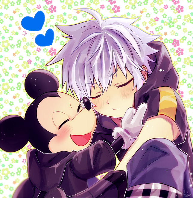 2boys anoko_(darenokoanoko) black_jacket blue_pants blush closed_eyes commentary_request disney floral_background grey_hair heart hood hood_down hooded_jacket hug jacket kingdom_hearts kingdom_hearts_iii leaning_forward male_focus mickey_mouse multiple_boys open_mouth pants riku_(kingdom_hearts) short_hair short_sleeves sitting smile spoken_heart