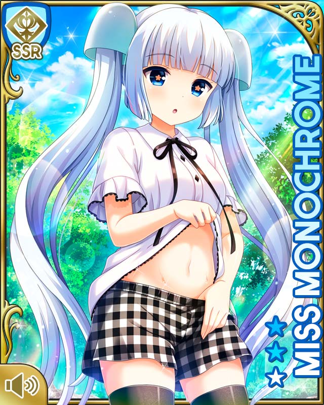 1girl :o black_bow black_shorts blue_eyes blunt_bangs bow card character_name checkered_clothes clothes_lift day girlfriend_(kari) lifting_own_clothes miss_monochrome miss_monochrome_(character) official_art open_mouth outdoors qp:flapper river shirt shirt_lift shorts solo standing tagme twintails white_hair white_shirt