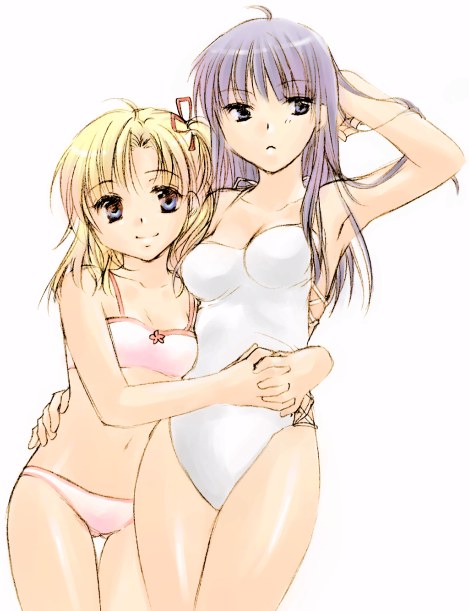 00s 2girls bad_id bad_pixiv_id bikini blonde_hair blue_eyes clannad fujibayashi_kyou genderswap genderswap_(mtf) hug kanae_funwa long_hair multiple_girls okazaki_tomomi okazaki_tomoya one-piece_swimsuit purple_eyes purple_hair short_hair sunohara_youhei sunohara_youko swimsuit