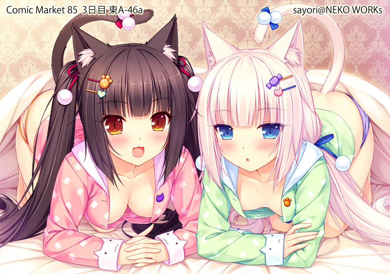 10s 2girls :3 :d animal_ear_fluff animal_ears animal_print blanket blonde_hair blue_eyes blush breasts brown_eyes brown_hair candy_hair_ornament cat_ears cat_girl cat_hair_ornament cat_pajamas cat_print cat_tail chocola_(nekopara) downblouse food-themed_hair_ornament green_pajamas hair_ornament hair_ribbon hairclip heart heart_hair_ornament long_hair looking_at_viewer medium_breasts multiple_girls nekopara no_pants open_clothes open_mouth open_shirt orange_panties pajamas panties paw_hair_ornament paw_print paw_print_pattern pink_pajamas print_pajamas purple_panties ribbon sayori_(neko_works) siblings sisters slit_pupils small_breasts smile striped_clothes striped_panties tail tail_ornament tail_ribbon twins twintails underwear vanilla_(nekopara) wallpaper_(object)