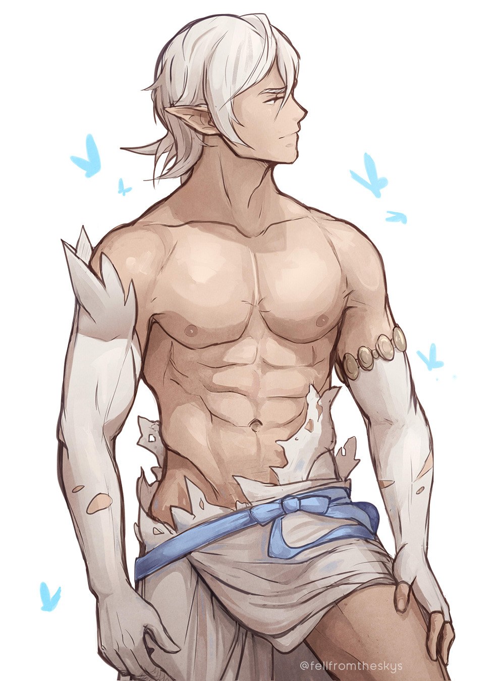 1boy abs bare_pectorals corrin_(fire_emblem) corrin_(male)_(adrift)_(fire_emblem) corrin_(male)_(fire_emblem) fell_from_the_sky fire_emblem fire_emblem_fates fire_emblem_heroes highres looking_to_the_side male_focus navel nintendo nipples pectorals pointy_ears solo thighs toned toned_male torn_clothes white_background white_hair