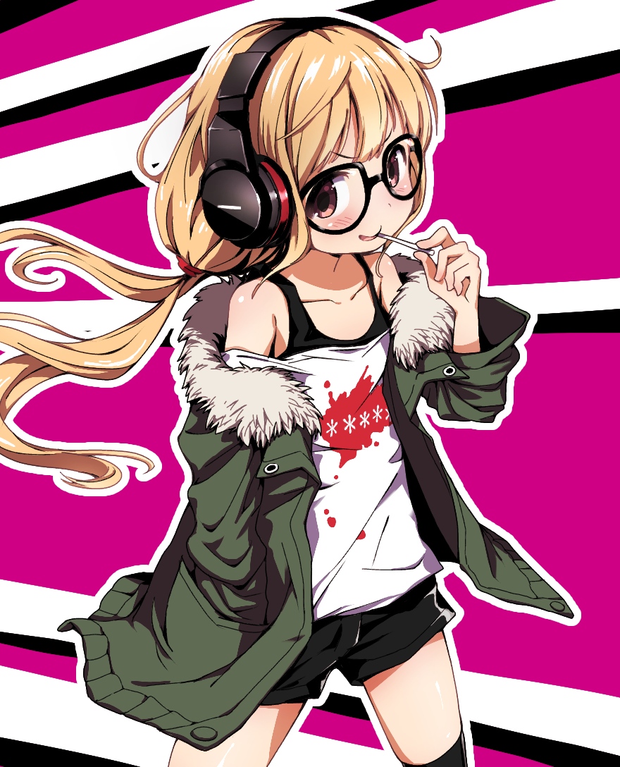 1girl bespectacled blonde_hair candy cosplay food fur_collar futaba_anzu glasses hand_in_pocket idolmaster idolmaster_cinderella_girls lollipop long_hair low_twintails off_shoulder persona persona_5 sakura_futaba sakura_futaba_(cosplay) shorts solo striped_background tadanoshi_kabane twintails